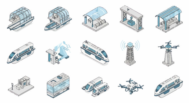 Futuristic Transportation and Technology Icons Set.