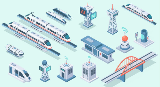 Modern transportation infrastructure and vehicles isometric illustration.