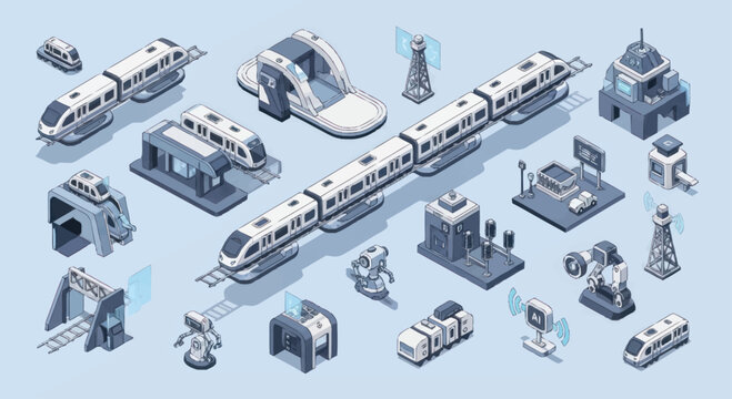 Futuristic Isometric Train and Infrastructure Elements on Blue Background.