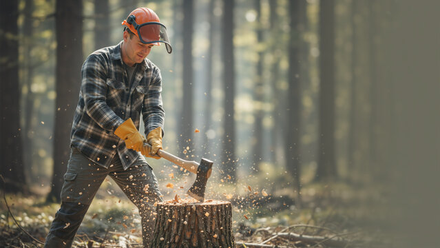 Lumberjack chopping a tree stump with an axe in a forest. Professional woodcutter working in the woods with copy space