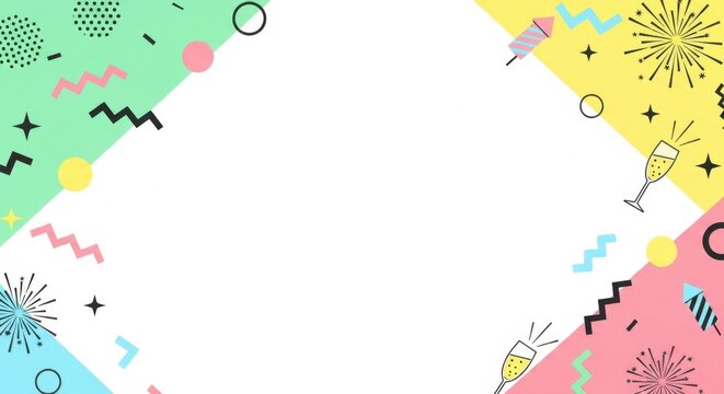 Festive confetti and fireworks border with geometric shapes celebration background.