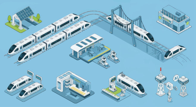 Modern high speed trains and stations isometric illustration.