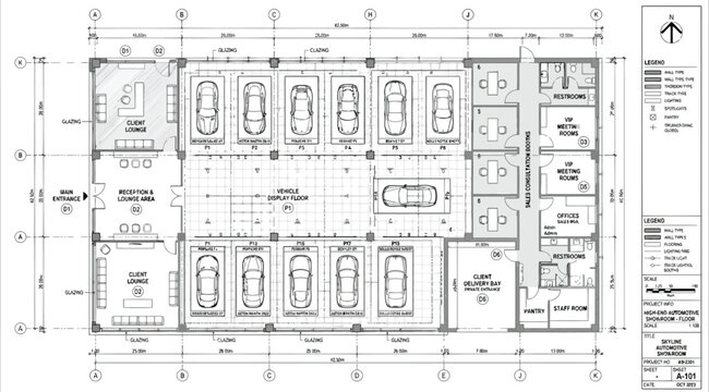 Technical floor plan for a car dealership showroom