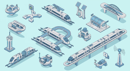 Futuristic High-Speed Train Collection Isometric Illustration. © Dono