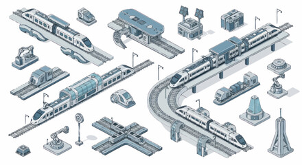 Modern high speed trains and futuristic railway infrastructure isometric collection. © Dono
