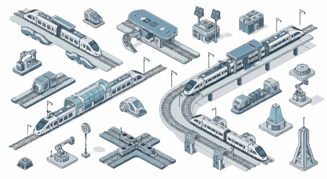 Modern high speed trains and futuristic railway infrastructure isometric collection.