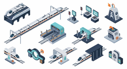 Modern high speed train station and transportation system isometric illustrations. © Dono