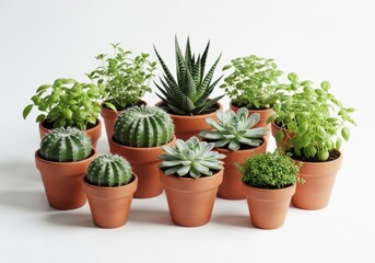 Fototapeta premium Assorted potted succulents and green plants arranged on a shelf isolated on white background