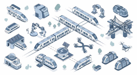 Modern Transportation and Technology Collection Isometric Illustration. © Dono