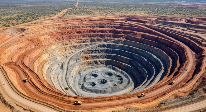 An expansive aerial perspective of a massive open-pit excavation revealing geological strata and kimberlite pipes within a diamond mine, precious, terrain, texture