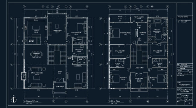 Architectural blueprint showing ground and first floor plans of a residential building