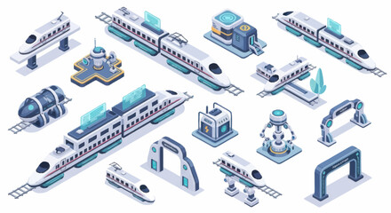 Futuristic High Speed Train Collection Isometric View. © Dono