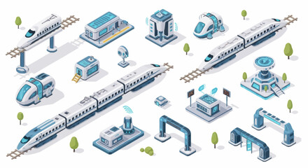 Futuristic high speed trains and modern transportation infrastructure isometric illustration. © Dono