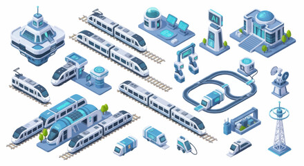 Futuristic transportation system with high speed trains and modern buildings. © Dono