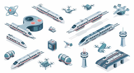 Modern transportation technology collection isometric icons. © Dono