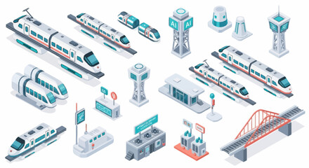Modern high speed trains and transportation infrastructure isometric collection. © Dono