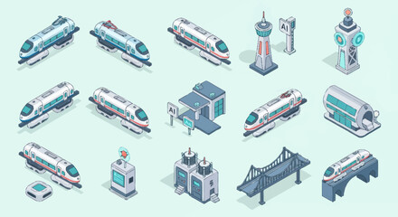 Modern High Speed Train Collection Isometric Illustration. © Dono