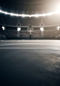 Empty Basketball Court in a Large Indoor Arena with Bright Lighting.
