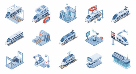 Collection of futuristic high-speed trains and stations in isometric view. © Dono