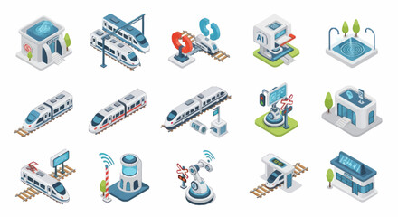 Modern high speed trains and futuristic transportation systems isometric icons. © Dono
