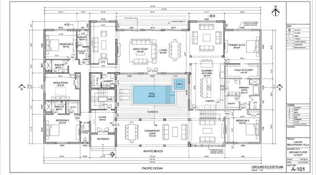 Architectural floor plan of a beach house with swimming pool and multiple rooms