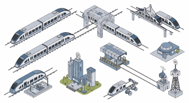 Futuristic high speed trains and transportation systems isometric illustration.