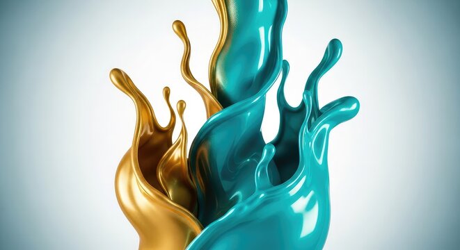 Esplosione dinamica di liquido turchese e oro che si fondono in onde astratte di vernice lucida. Un mix vibrante di colore e lusso puro, gold, blending, teal