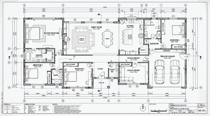 Detailed residential house floor plan showing room layouts, dimensions, and structural elements © Saharia