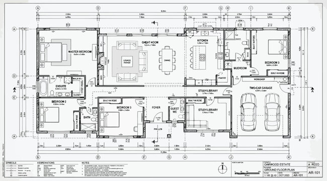 Detailed residential house floor plan showing room layouts, dimensions, and structural elements