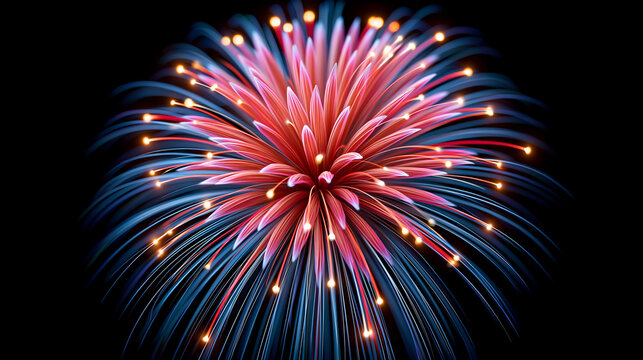 Ein farbenfrohes Feuerwerk mit roten, blauen und wei&szlig;en Funken explodiert vor schwarzem Nachthimmel.