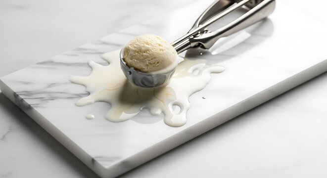 Melting vanilla ice cream scoop with cookie on a marble surface, creamy puddle forming, elegant minimalist food photography