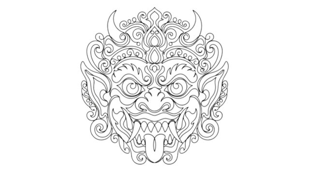 Sri Lankan Yaka Mask Line Art &ndash; Traditional Cultural Continuous One Line Vector Illustration with Ornamental Tribal Details