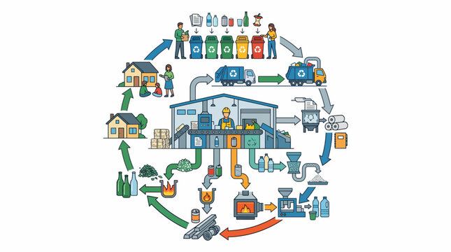 Comprehensive infographic showing the circular economy recycling process from household waste to new products.