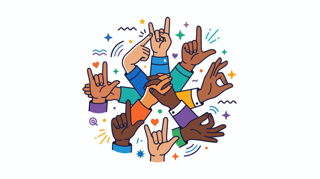 Diverse group of hands making various positive hand signs and gestures.