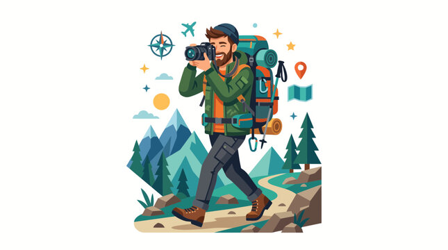 A bearded male hiker with a backpack and camera exploring nature.