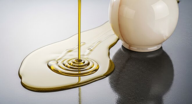 Thick golden olive oil flows across a smooth stone surface next to an elegant white alabaster jar, creating shimmering pools and reflections, glossy, translucent, sacred