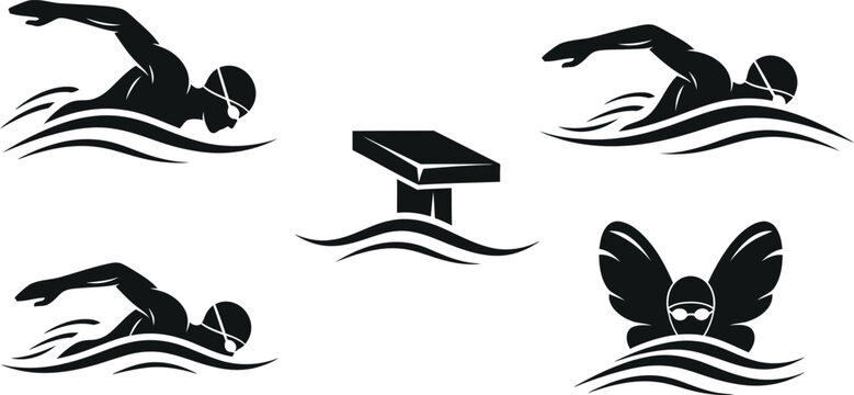 Set of Black Silhouettes of Swimmers and Diving Board in Water Waves isolated on transparent background
