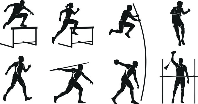 Athletic silhouette collection hurdles pole vault javelin high jump and sprinting isolated on transparent background
