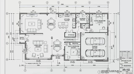 Architectural floor plan drawing of a residential house with a garage © Saharia
