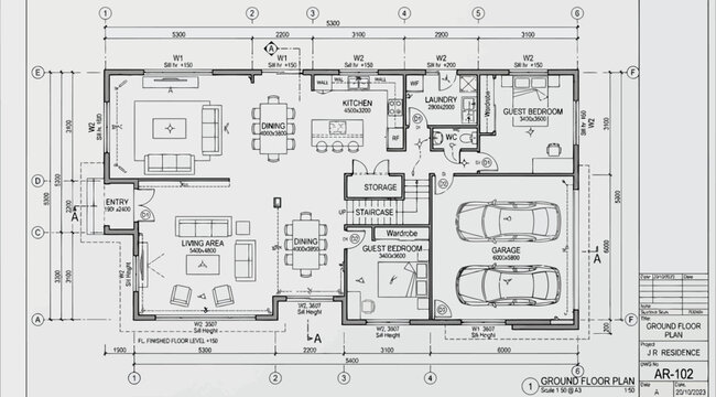 Architectural floor plan drawing of a residential house with a garage