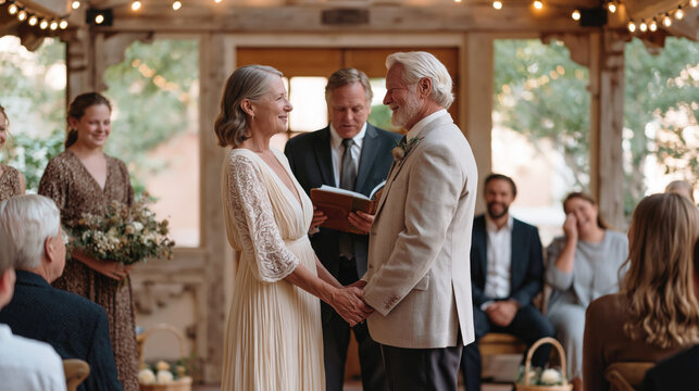 Senior couple holds hands during wedding vow renewal before an officiant and seated family inside a warmly lit garden chapel. Marriage in adulthood.