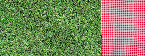 Grass background with red and white check cloth side border. Top view banner. Copy space. Summer outdoor food or picnic theme. © Jenifoto