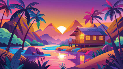 Obraz premium Tropical beach house at sunset with palm trees and colorful mountains in a summer paradise scenery Vector