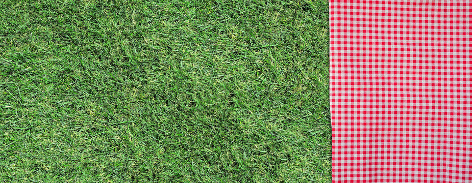 Grass background with red and white check cloth side border. Top view banner. Copy space. Summer outdoor food or picnic theme.