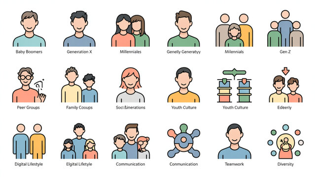 Generation Concept Outline Icons Set with Baby Boomers Millennials and Gen Z Age Group Symbols