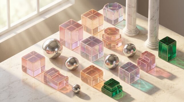 Geometric glass blocks and metallic spheres on marble background
