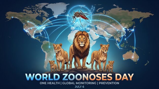 World zoonoses day global disease prevention awareness concept with wildlife family and epidemic monitoring map
