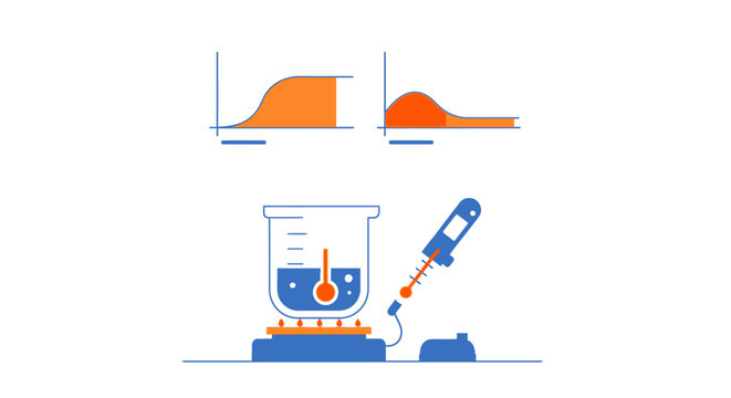 Scientific Laboratory Experiment Vector Illustration with Liquid Beaker, Digital Thermometer, and Statistical Data Analysis Graphs for Chemistry and Research