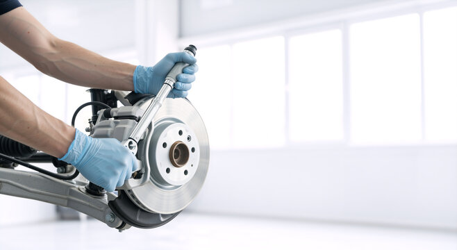 Mechanic hands in blue gloves using torque wrench on car brake rotor and caliper. Auto repair and maintenance concept. Copy space for text