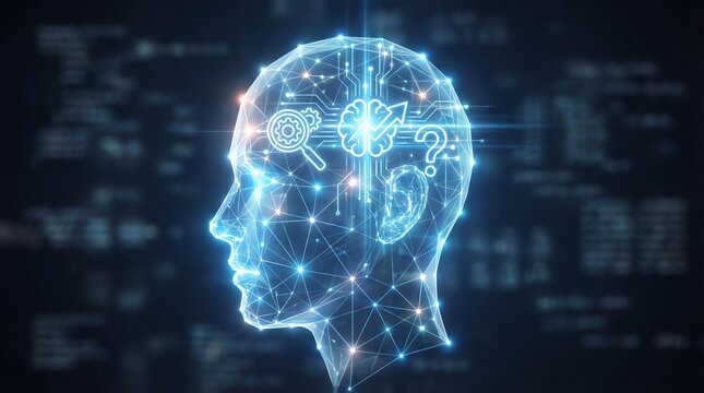Glowing human head with circuit brain and coding symbols inside